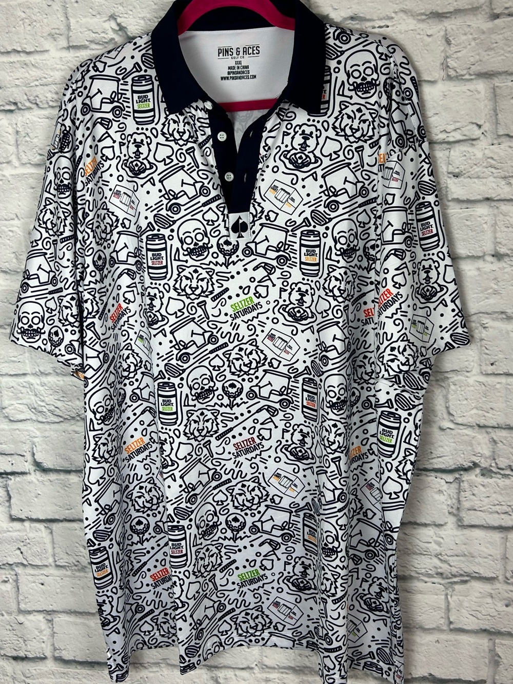 Pins & Aces BL Seltzer Saturdays Golf Polo Shirt XXXL White Novelty Print